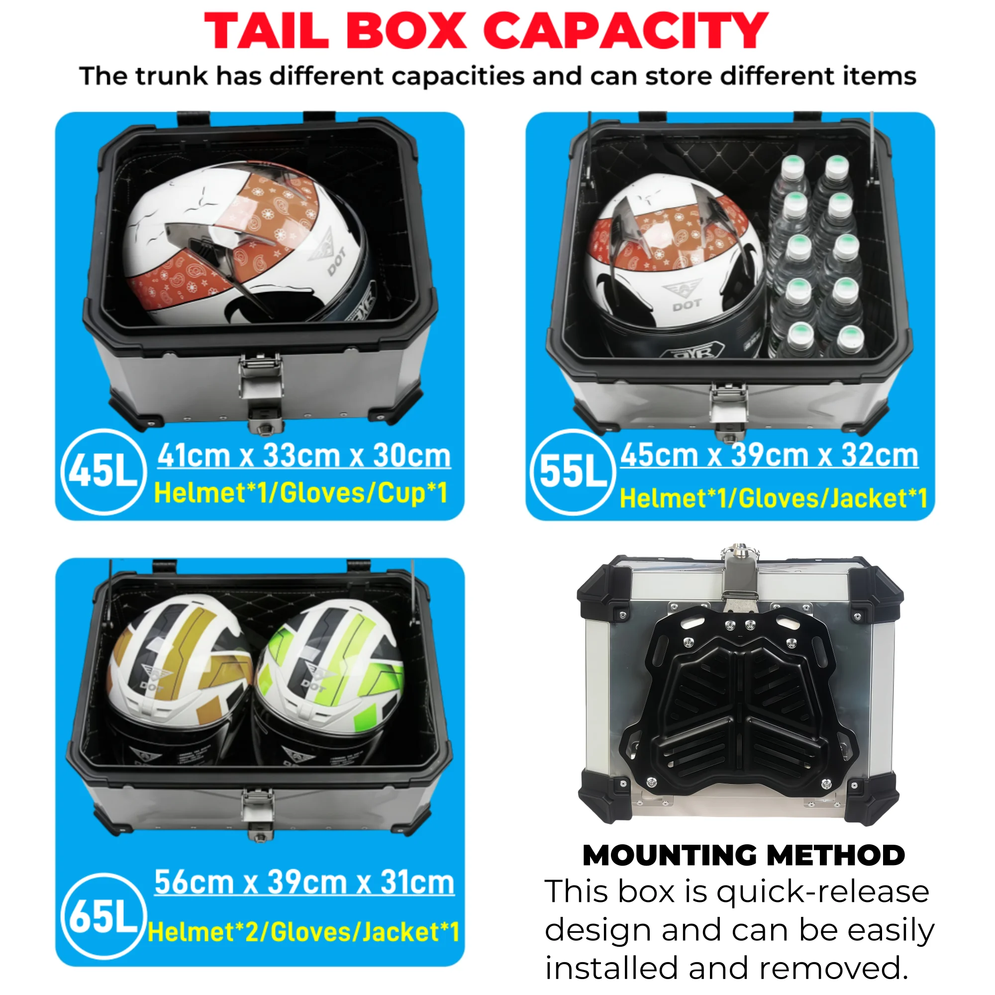 65L, 55L, 45L Aluminium Motorrad-Topcase Helmbox Wasserdichter Motorrad-Koffer Heckbox Gepäckbox mit Schnellverschluss Werkzeugbox – Detail 5
