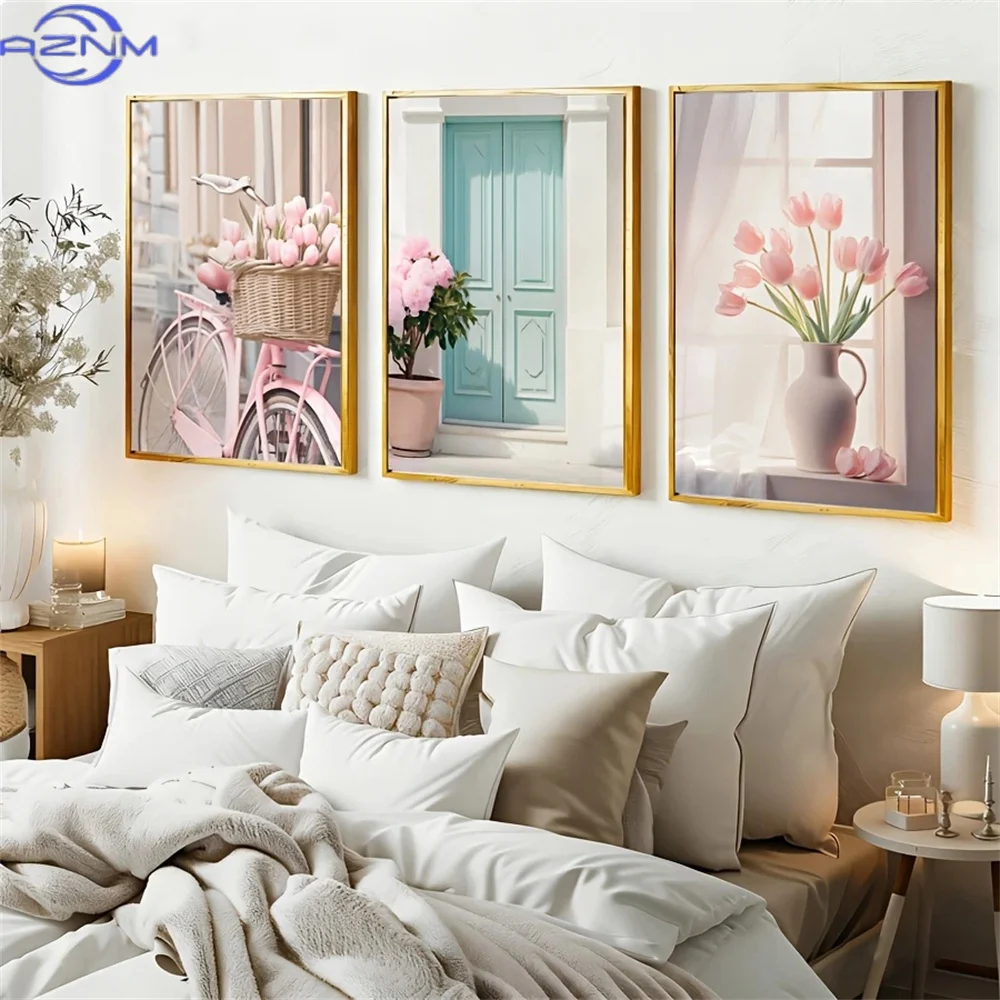 3pcs Unframed Modern Pastel Floral Wall Art Posters, Pink Bicycle And Turquoise Door Canvas Prints, Soft Aesthetic Room Decor