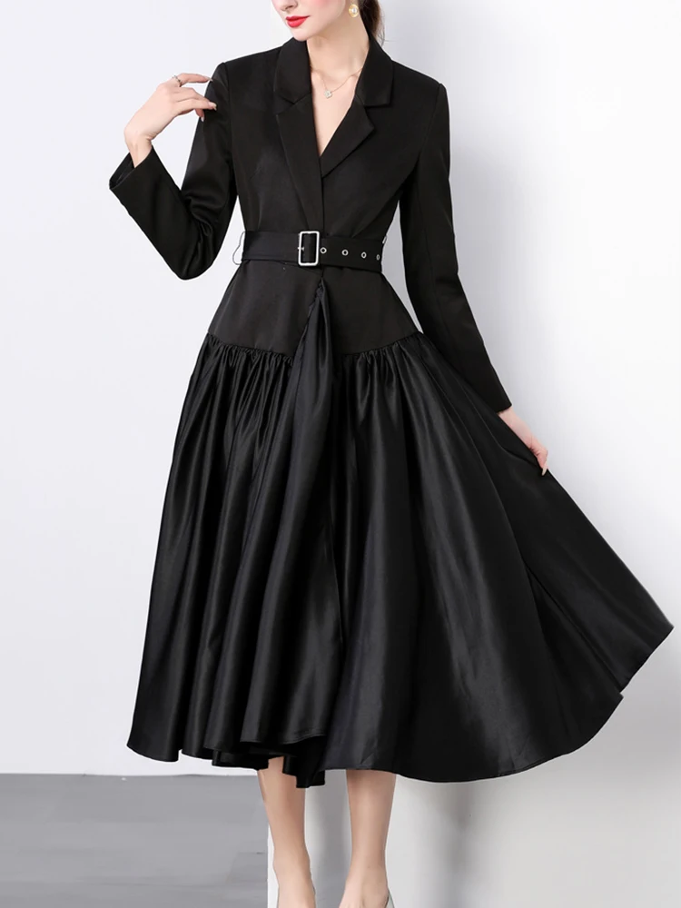 

Temperament Suit Collar Splicing Large Swing Dress 2024 Autumn New Fashionable Women'S Clothing