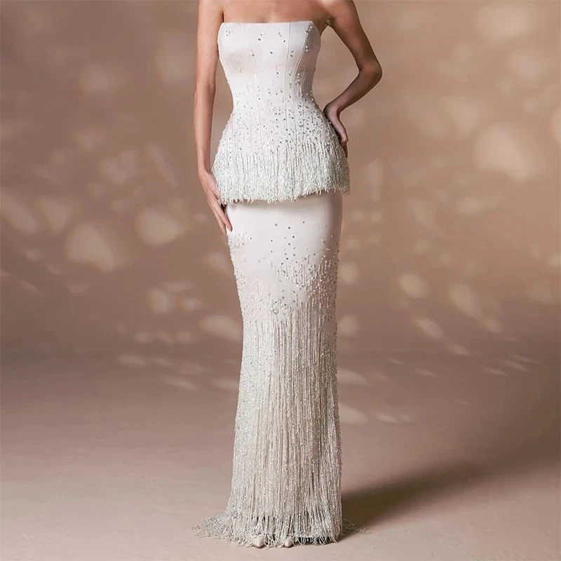 Customized Luxury Formal Strapless Evening Dresses Sequins Beaded Tassels Mermaid Elegant Birthday Party Prom Wedding Gowns 2025
