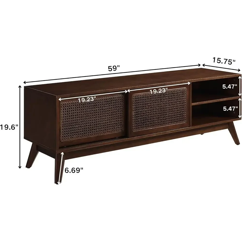 Rattan 59 Entertainment Center with Solid Wood Legs, Adjustable Shelves & Divided Storage for 65 Inch TVs in Walnut Finish