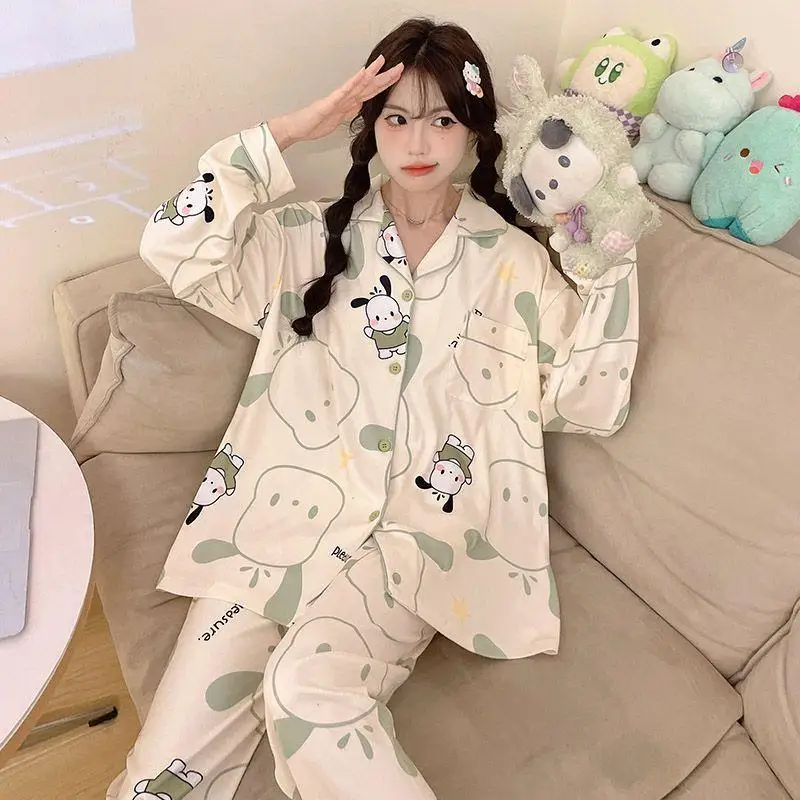 2 قطعة بيجامة سانريو Kawaii مرحبا كيتي الصيف طويلة الأكمام بنطلون فضفاض مريح عادية الكرتون الراقية الهدايا