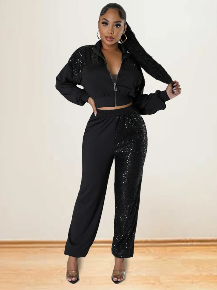 Party Stage Runway Sequin Two-piece Set For Women's Clothing Elegant Spring Fashion Solid Color Shiny Long Sleeved Top+pants Set