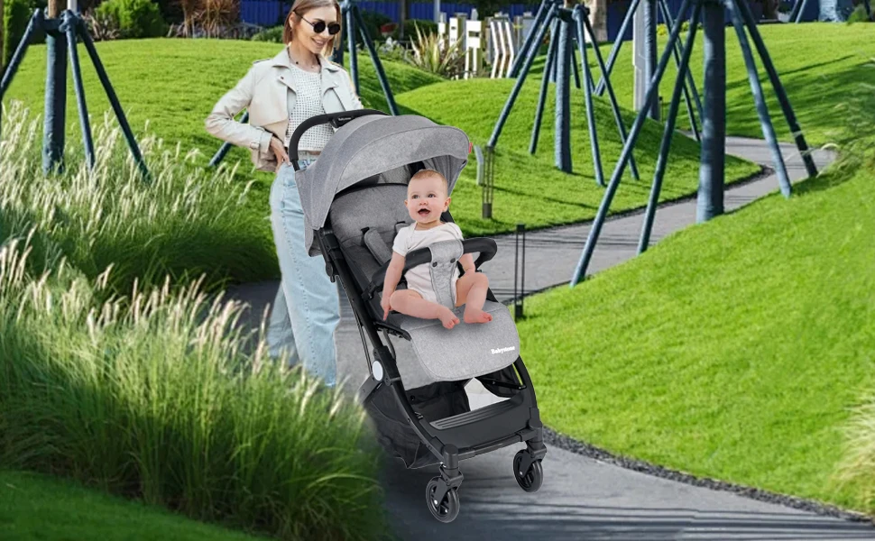 Travel Pram, Lightweight Baby Stroller, Compact Pushchair for Airplane, One Hand Foldable, Buggy with 5-Point Harness