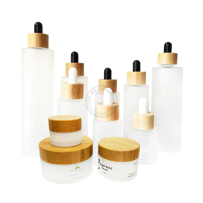 

refillable reacycle Frosted Glass Bottles with Wood Grain Bamboo Dropper Cap Travel Business Fitness Portable Storage Bottle