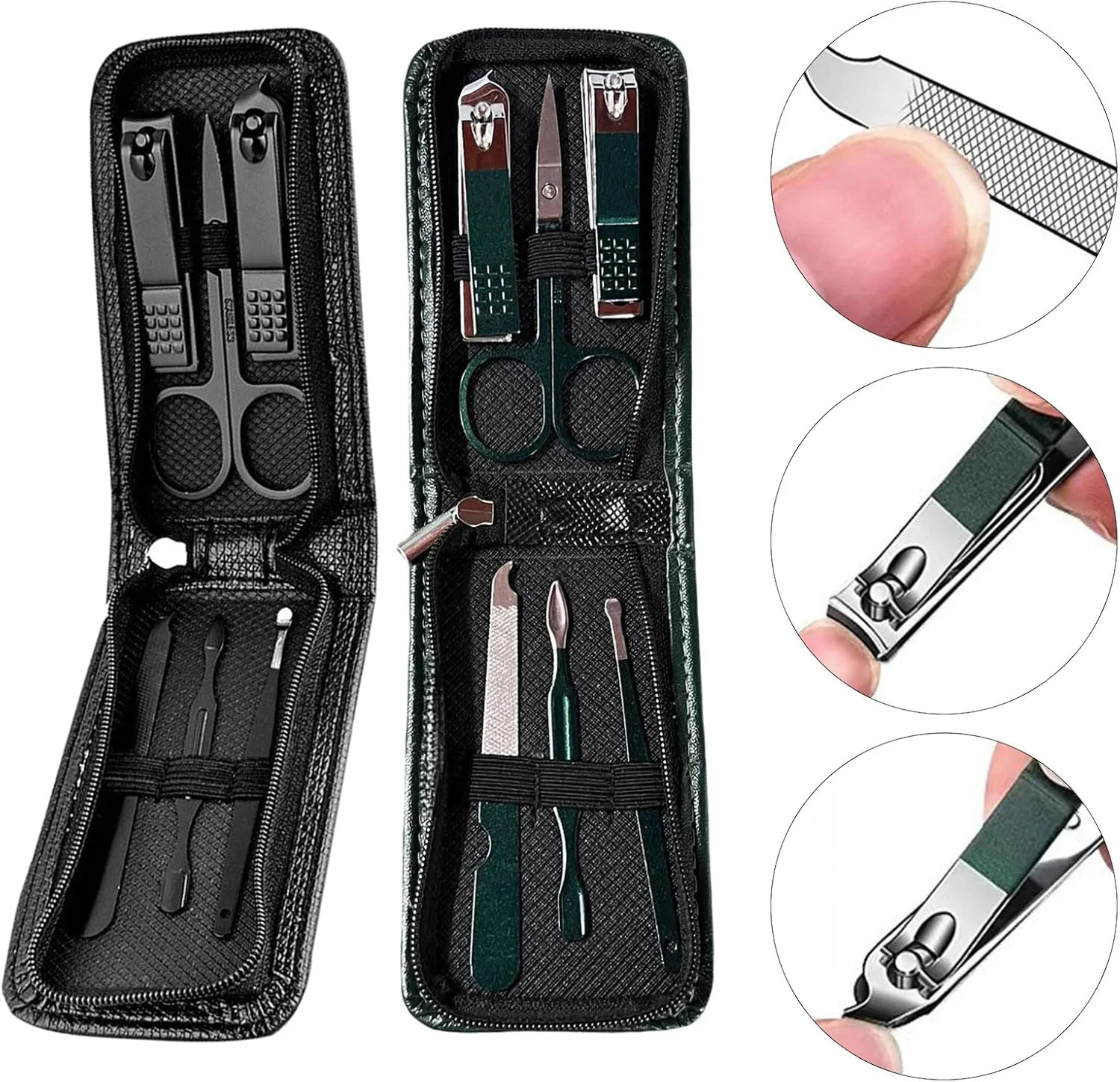 6Pcs Black Green Stainless Sttel Stainless Steel Manicure Nails Cutter Set Nails Care Kits Pedicure With Leather Travel Case