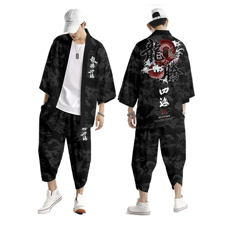 

Japanese Traditional Clothing Invincible Print Kimono Pants Men Retro Yukata Asian Fashion Tang Suit Harajuku Hanfu Yukata Jacke