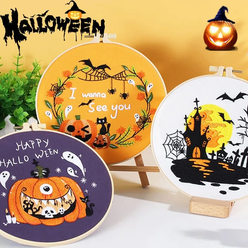 Halloween Embroidery Kit for Beginners DIY Needlepoint Set with Bamboo Hoop Pumpkin Ghost Pattern Handcraft Home Wall Decor Art