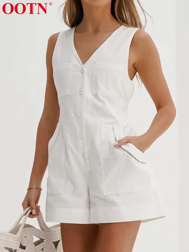 OOTN Casual Jumpsuit Women V Neck Sleeveless Cotton Linen  White 2024 Summer Fashion Lace Up Woman Button Up Pockets Solid Chic