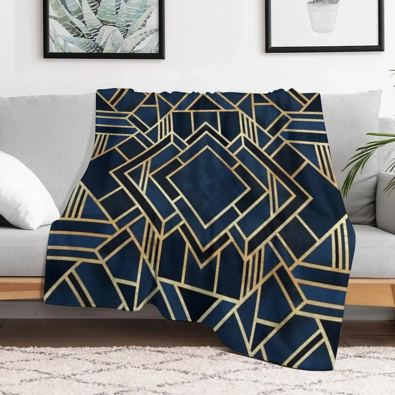 

Geometric Blue and Gold Throw Blanket Thins Decorative Sofa Cute Plaid Blankets