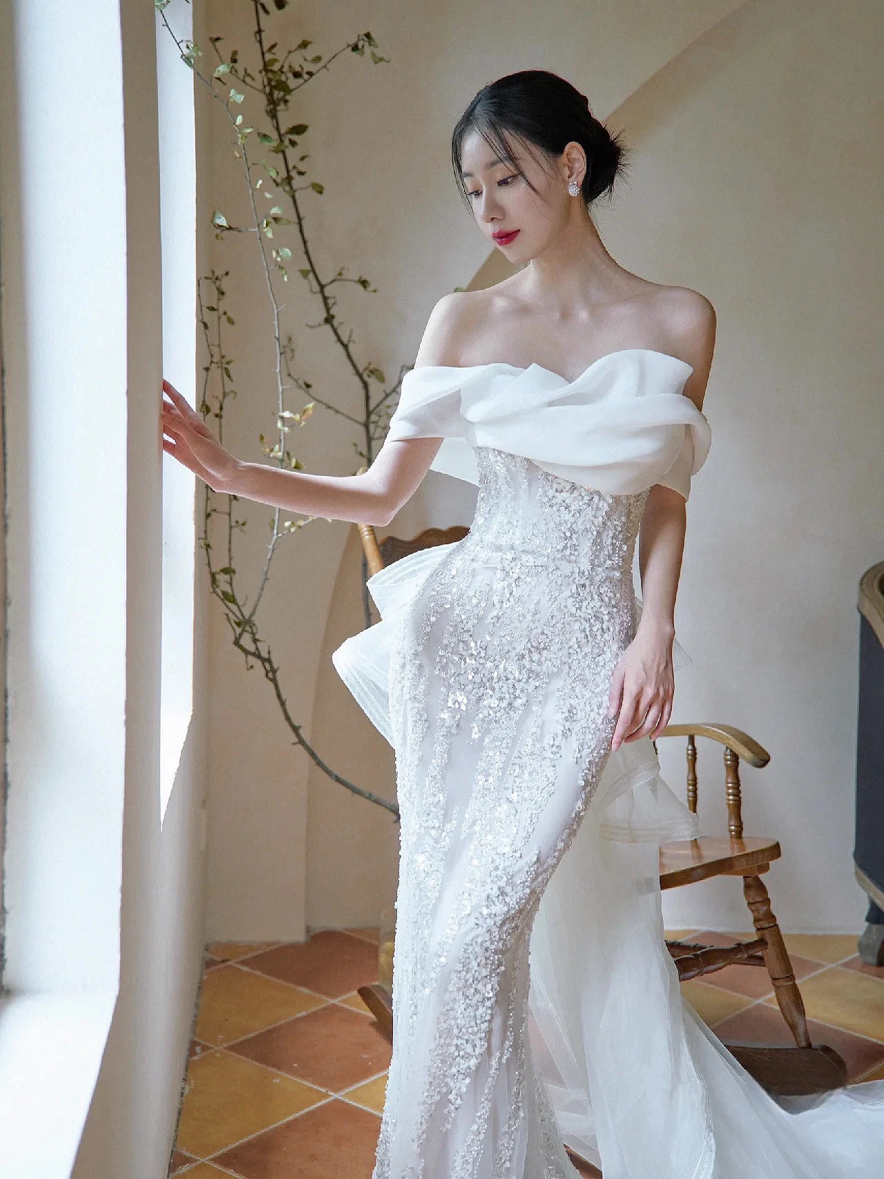 Elegant Niche Mermaid Wedding Dresses Off The Shoulder Senior Applique French Sequins Simple Long Trailing Bridal Gown New