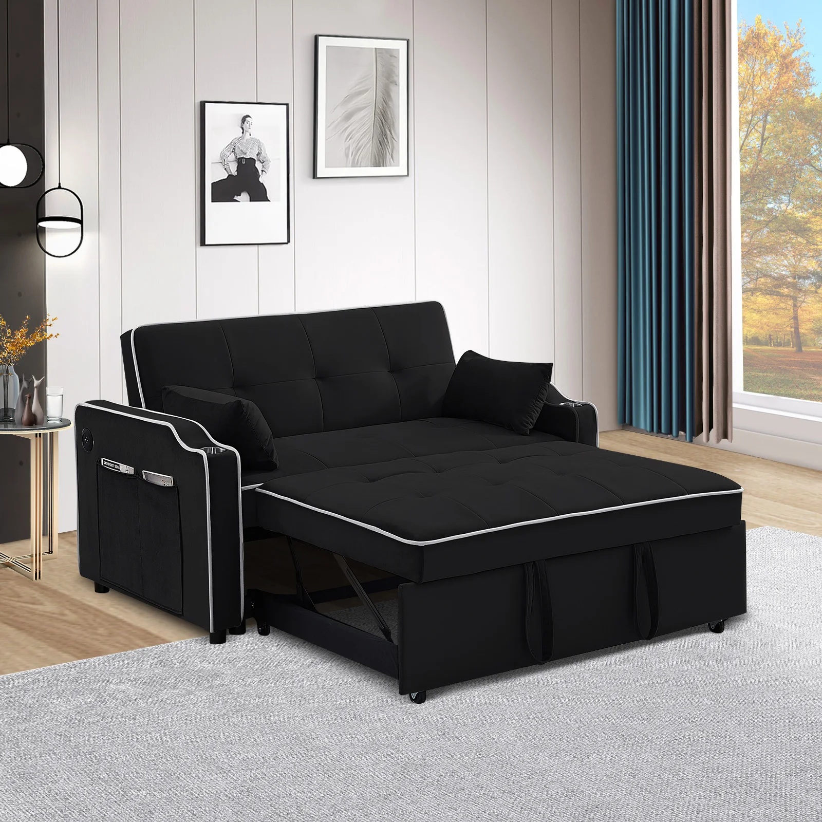 Multi-Functional Velvet Sleeper Couch Pull-Out Bed Loveseat Sofa Chaise Lounge with USB Port Cupholder Adjustable Backrest