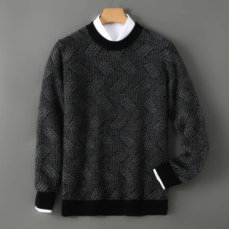 2025 Winter Men's Color blocked Round Neck 100% Pure Wool High end Leisure Thickened Warm Soft Glutinous Base Sweater Youth