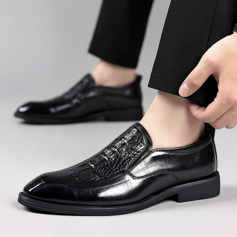 

Туфли мужские кожаные с острым носком, модная дизайнерская Свадебная Уличная обувь с крокодиловым узором, роскошные деловые туфли без застежек для вечеринок