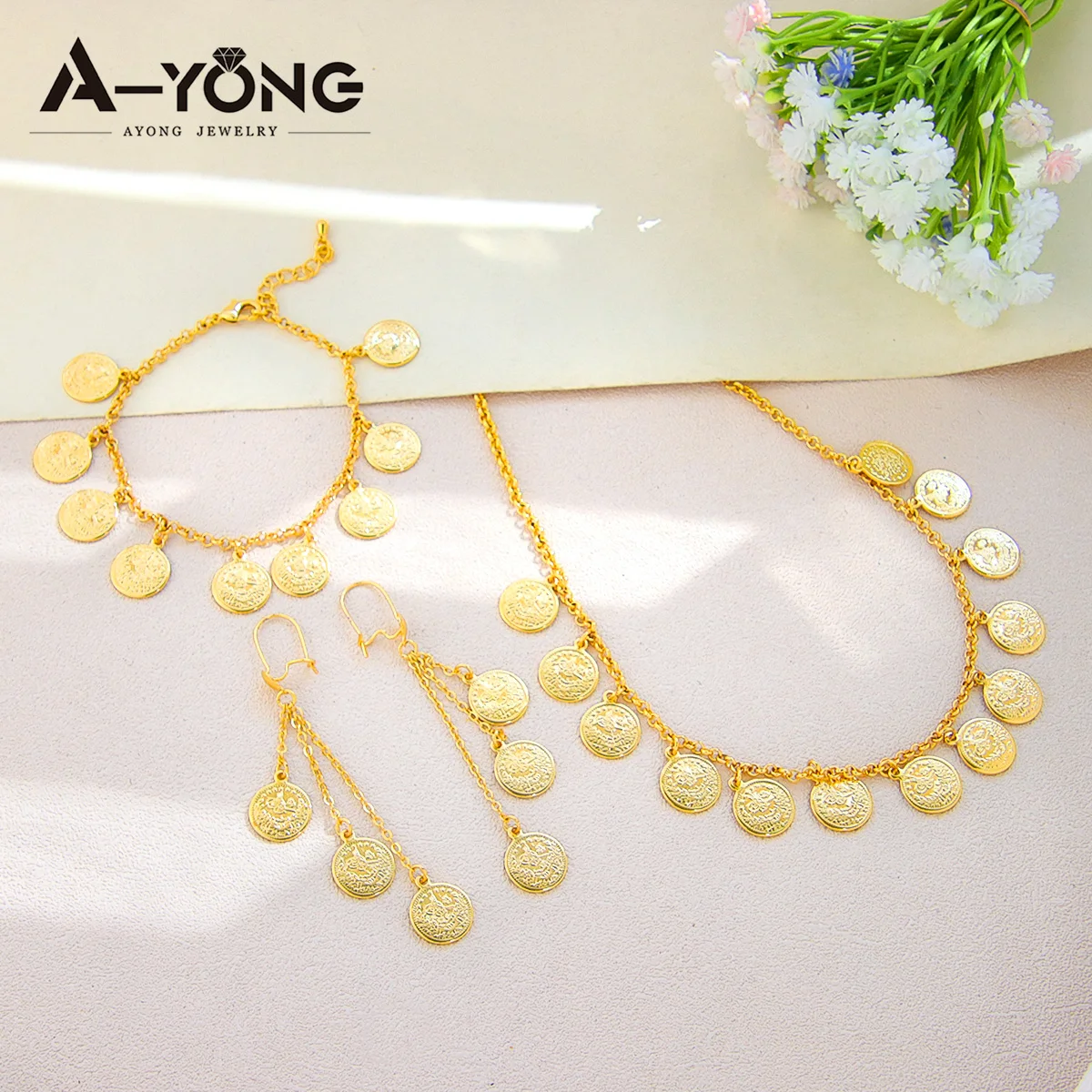 Luxury Arabic Gold Color Coins Necklace Set 21k Gold Plated Turkish Coin Chains Islamic Muslim Women Wedding Party Jewelry