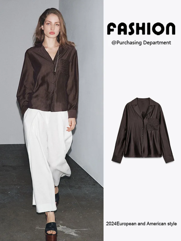 

New Autumn Women's Embroidered Pocket Decorated Collar Shirt European Style Fashion Short Outerwear for Ladies