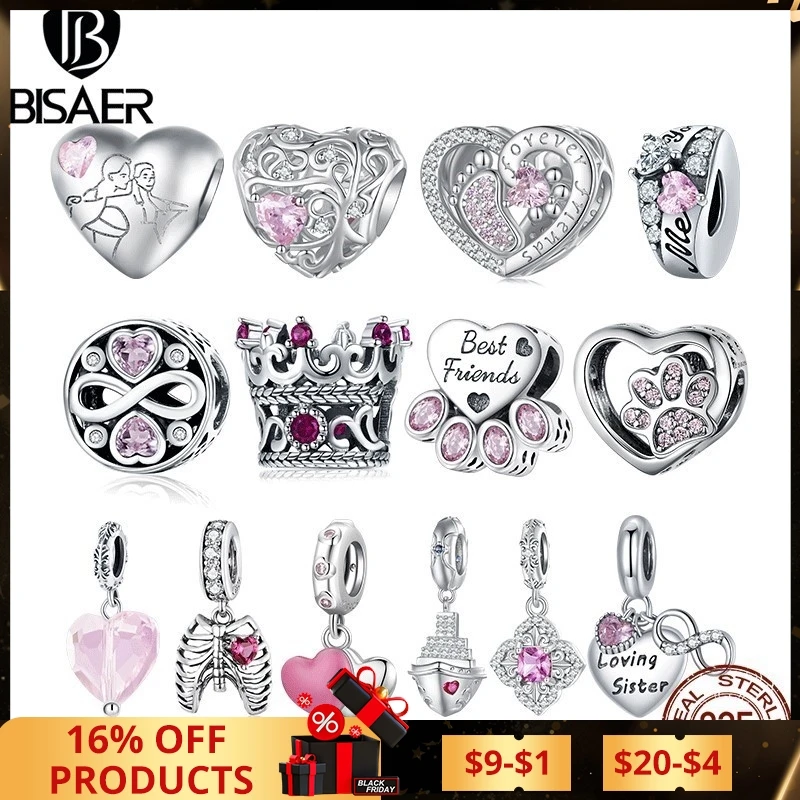 BISAER 925 Sterling Silver Pink Series Charm Heart Safety Chain Bead Pendant Fit Bracelets Mother's Day Lovers Fine Jewelry Gift