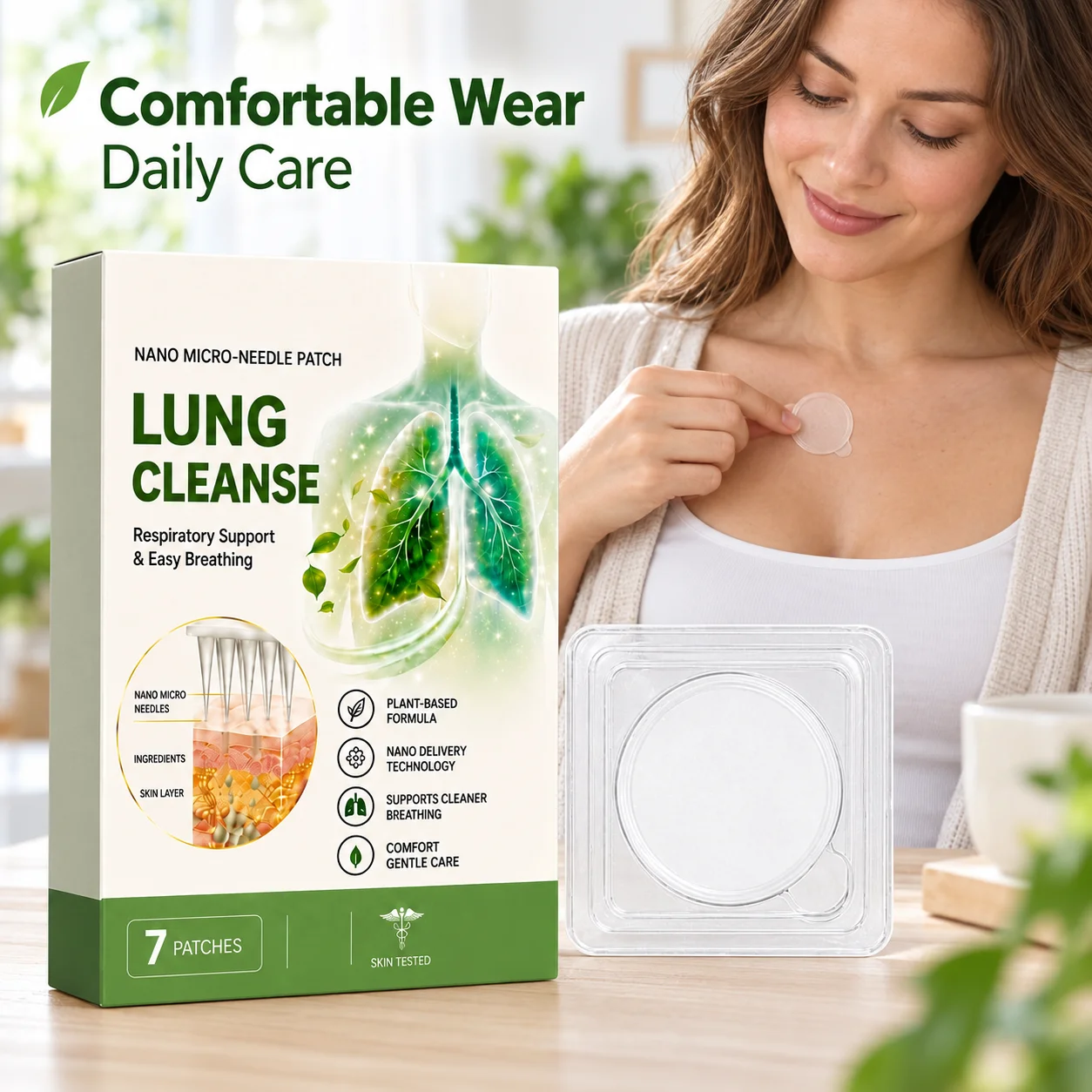 Nano Micro Needle Lung Cleanse Patch 7 Pieces Plant Based Formula with Long Lasting Adhesion for Easy Breathing Support Care Use