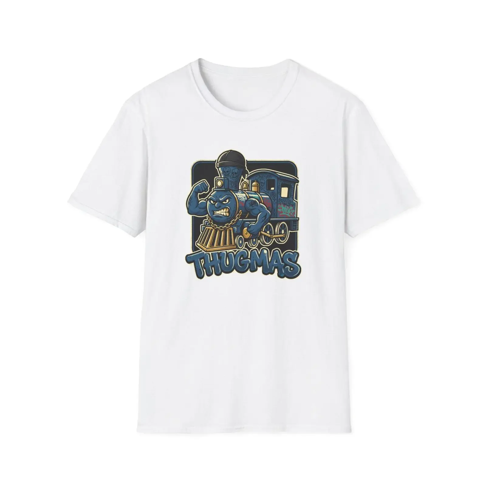 Mean Steam Engine Cartoon T Shirt Angry Train Locomotive Thugmas Design vintage Washed Top For Everyday Wear Versatile