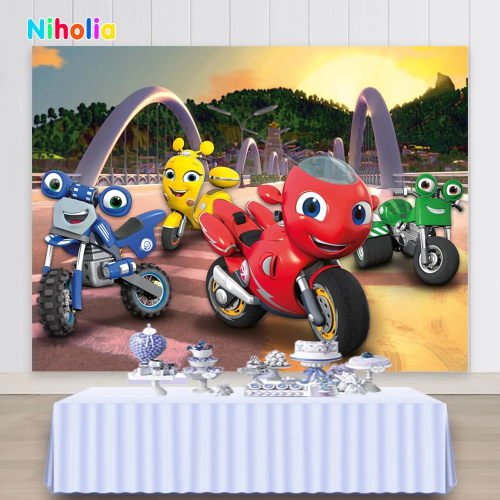 NIHOLIA Ricky Zoom Photo Backdrop Happy Birthday Cartoon Motorcycle Photography Background Custom Decor Banner Props