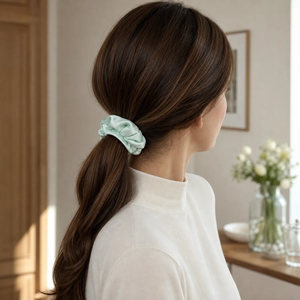 Pale Icy Mint Blue Silver Dot Satin-Like Single-Layer Hair Scrunchie for Ponytails and Buns 5