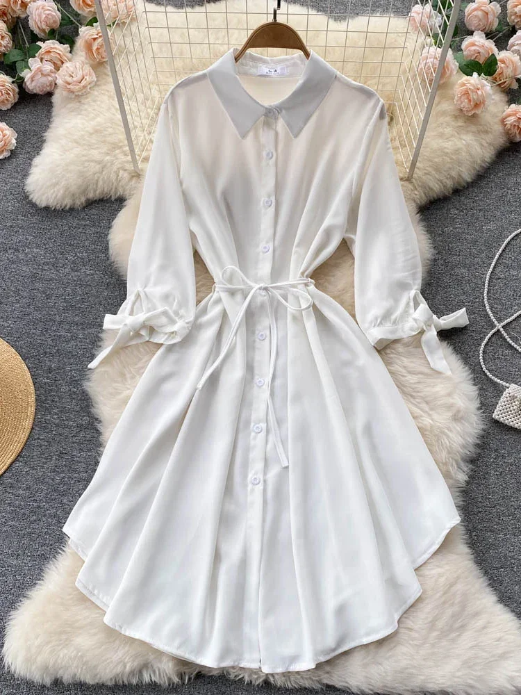 Women Spring Summer Vestidos Hot Korean Style Single-breasted Waist Slim Mid-length Fashion High-waist A-line Dress Female D0808