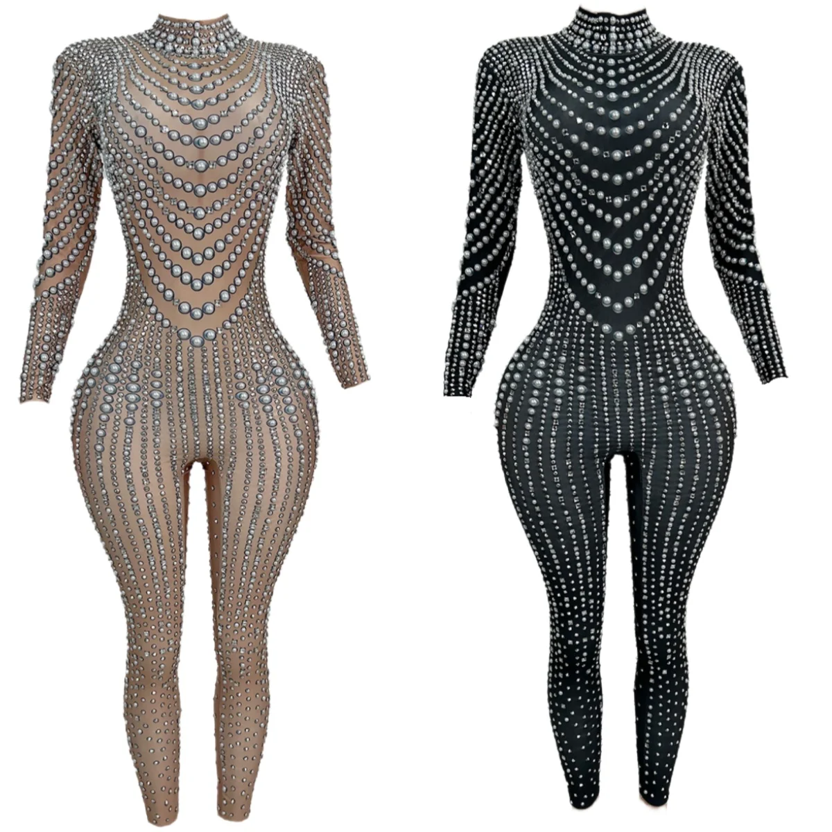 ชุดจั๊มสูทรัดรูปประดับมุกและคริสตัลสำหรับงานปาร์ตี้กลางคืน คาร์นิวัล  ชุดเต้นรำบนเวที ชุดดีเจ ชุดแสดง  เจิ้นจูหวัง