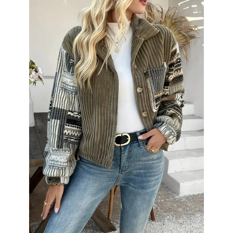 European and American women's lapel long sleeved buttoned jacket casual patchwork contrasting coat elegant cotton jacket