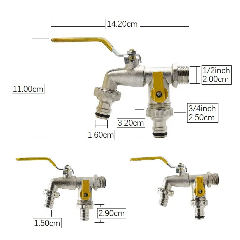 Double Tap 3/4 Inch and 1 * 3/4 Inch Outlet w/ Thicken Outlet Valve Detachable for yellow Drinking Water Farm with Green Handle