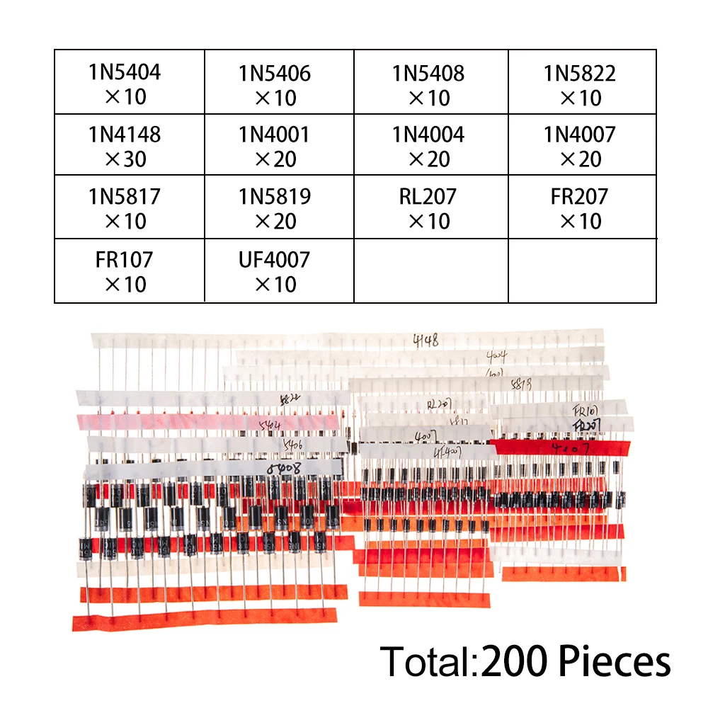 200PCS 14Values DIP Diode Kit 1N4148 1N4007 1N5404 for Electronics Projects 1N5404 1N5406 1N5408 RL207 UF4007 1N5817 1N5819