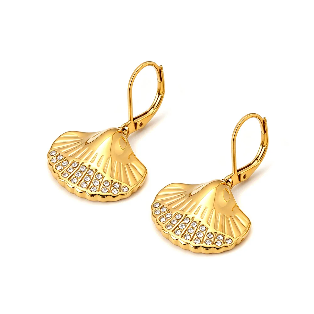 JeeMango Stainless Steel Vintage Fan Shaped Leaf Hoop Earrings For Women Crystal Geometric Daily Earrings Fashion Jewelry E26099