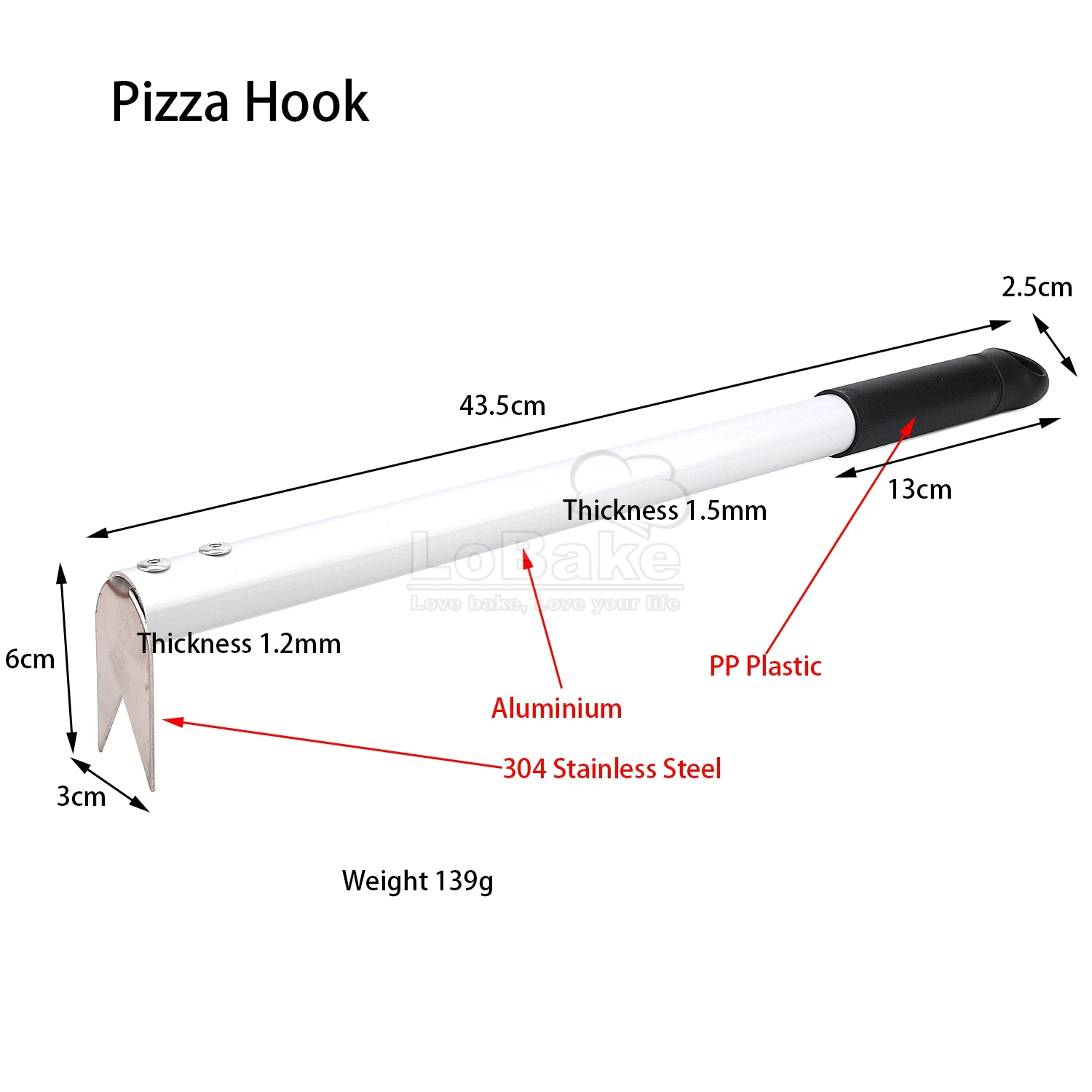 3 Colors 43cm Long Stainless Steel Pizza Hook Manual Cake Bread Food Moving Tools Different Aluminium Handle for Kitchen Gadgets