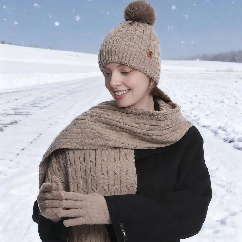 Women Hat Scarf Glove Set 3pcs Women Winter Hat Scarf Gloves Set Solid Color Knitted Pompon Thermal Lining Twist Texture