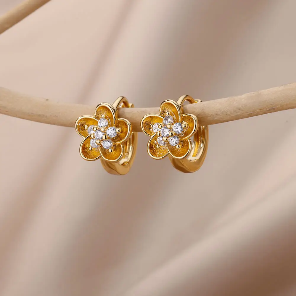 Colored Zircon Star Flower Earrings For Women Stainless Steel Petal Sunflower Hoop Earrings Luxury Jewelry Party Gifts brincos
