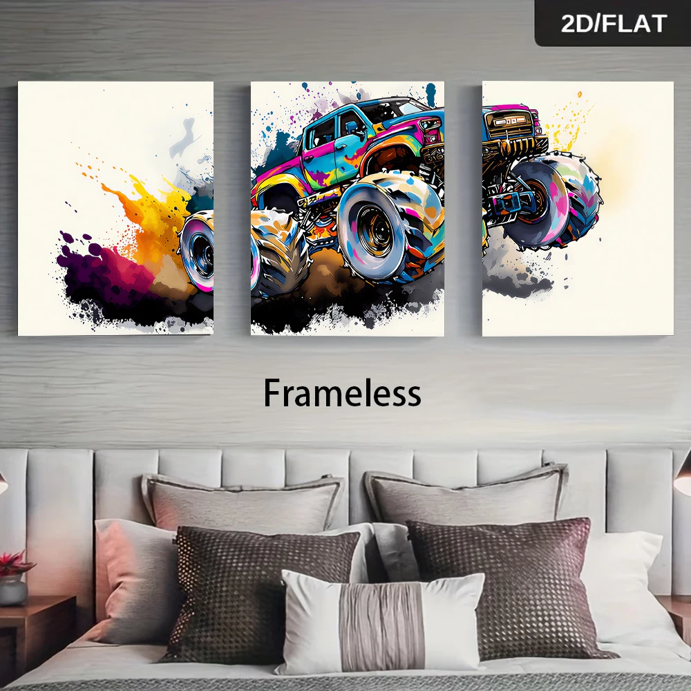 1 set of colorful watercolor off-road monster truck triple modern dynamic car decoration painting 2D plan