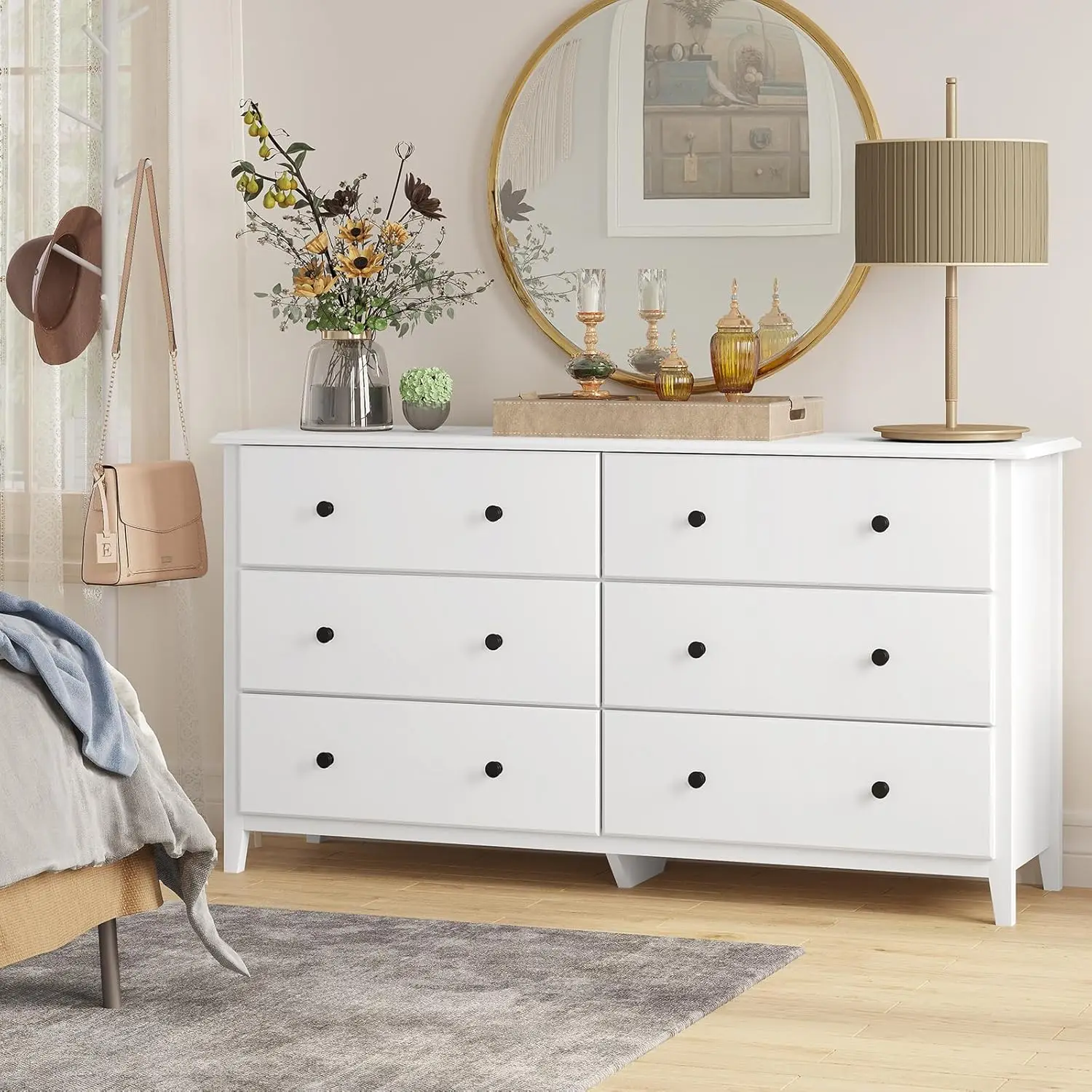 White Dresser for Bedroom, 55.3'' Long Dresser Chest of Drawers, Large Capacity 6 Drawer Double Dresser