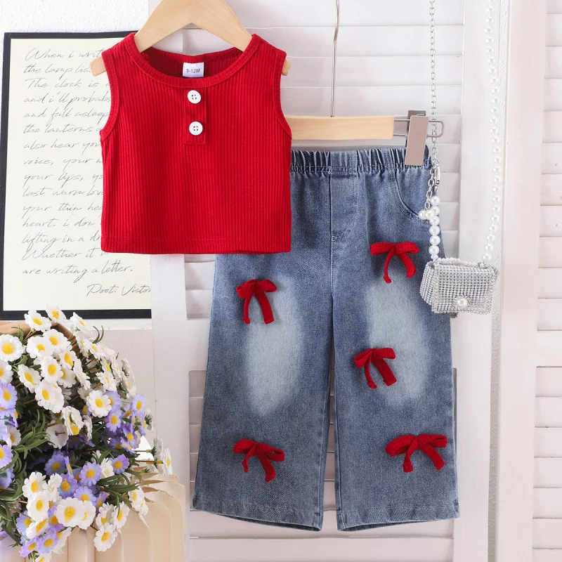 

Children's clothing Girls' outfit with red vest+Trousers suit