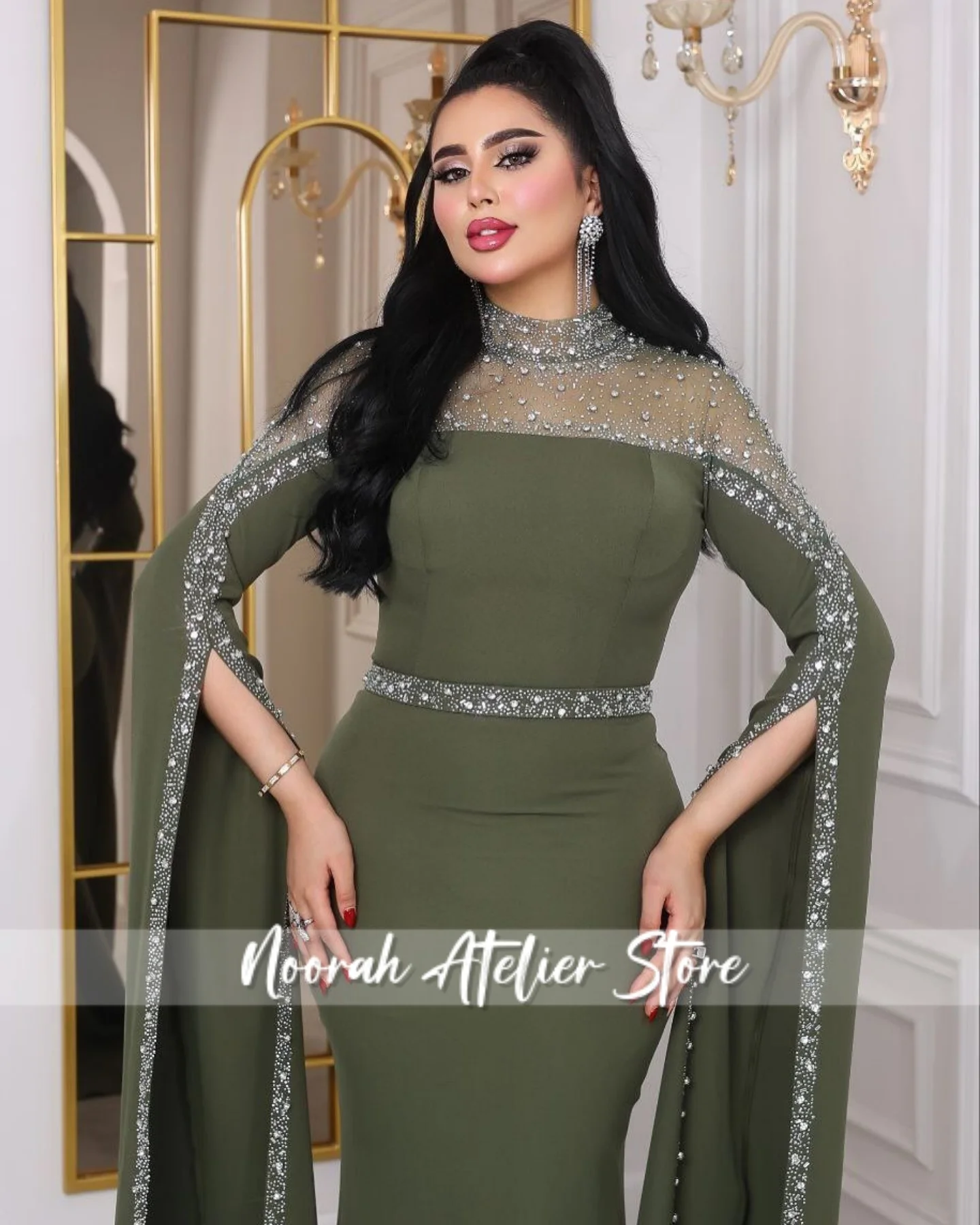 فساتين سهرة فاخرة سعودية جديدة مطرزة بأكمام طويلة باللون الأخضر H N 2025 فستان زفاف حورية البحر Fساتين فستان حفلات طويل مخصص