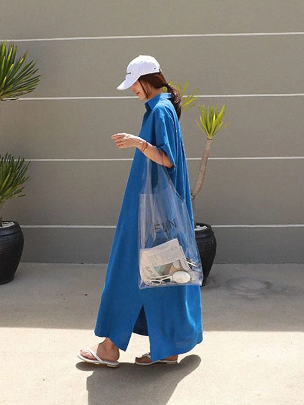 فستان ميدي فضفاض بمقاسات كبيرة للنساء، تصميم صيفي على الطراز الكوري بياقة بولو وأكمام قصيرة، فستان طويل مريح وعصري بمقاسات كبيرة