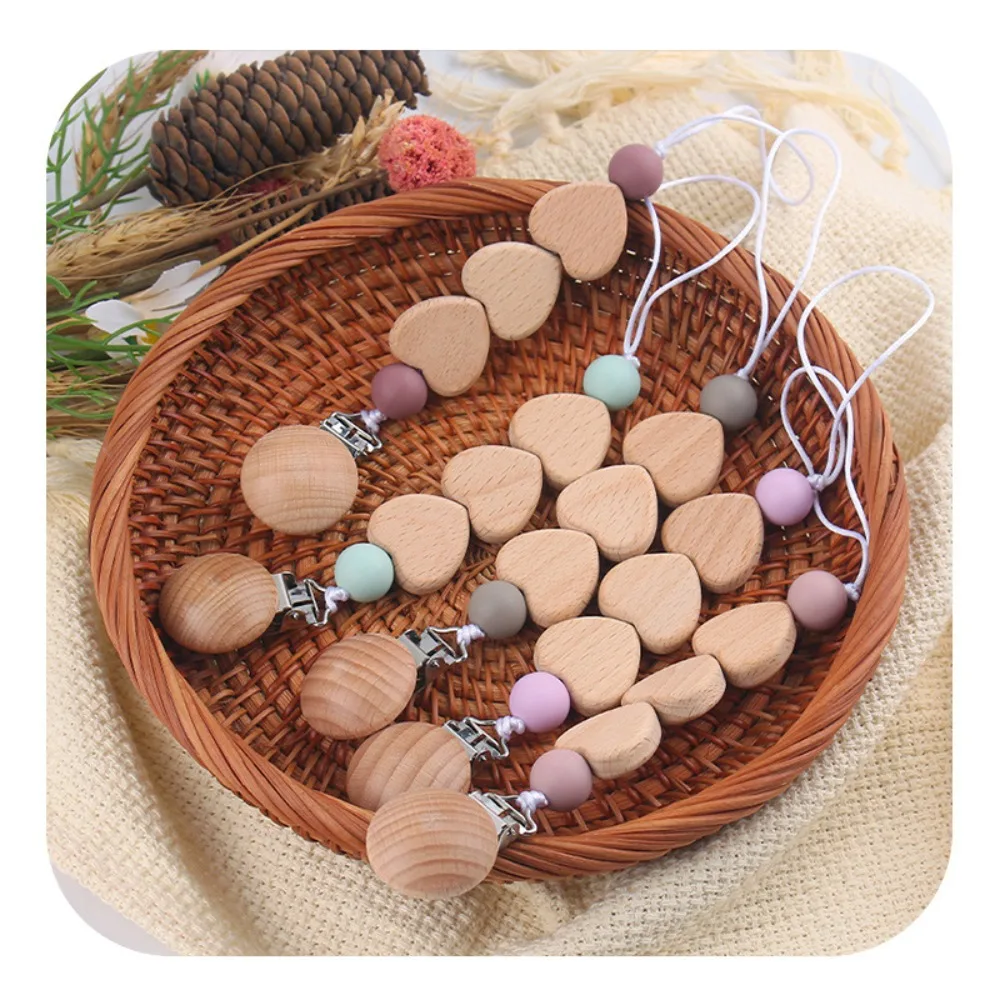 Beech Wood and Silicone Pacifier Chain for Babies Creative Cartoon Heart Shape Biting Teething Function Anti-Drop Pacifier Clip