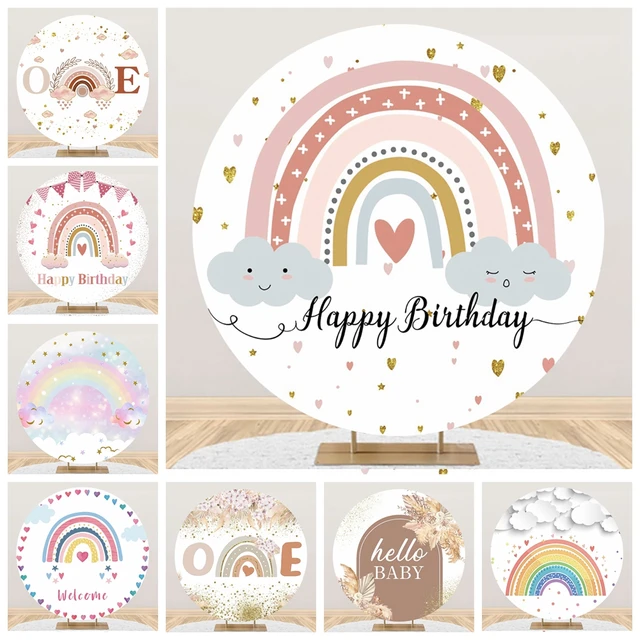 Okrągła okładka Boho tęczowa Baby Shower błękitne niebo chmury Boy Girl 1 urodziny koło tło fotograficzne rekwizyty