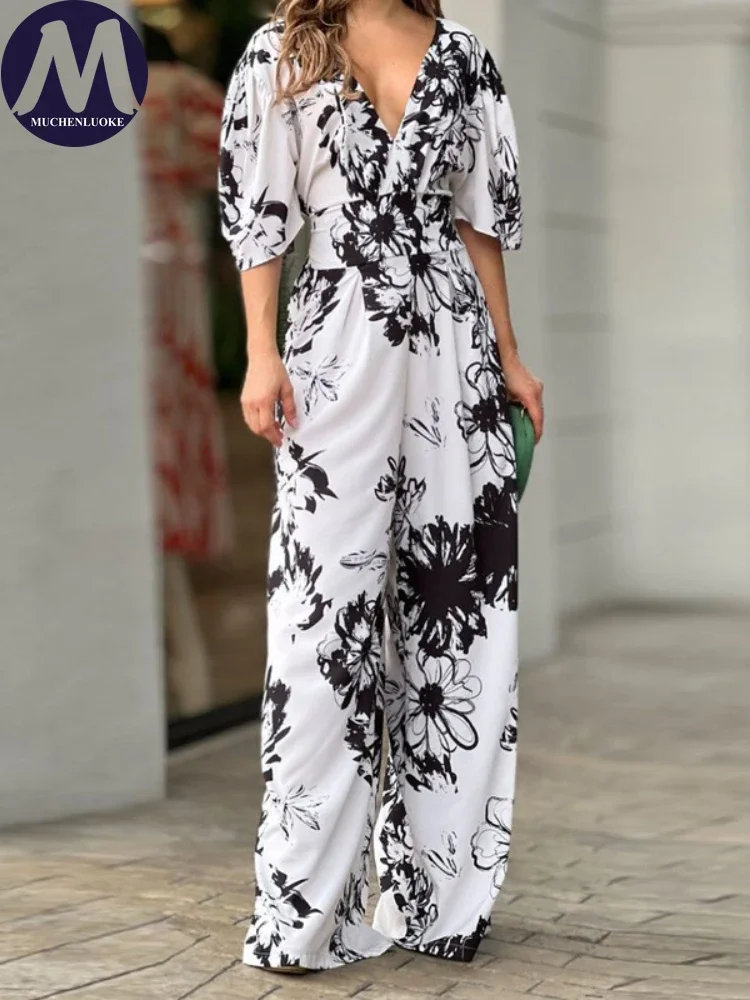 High Waisted Jumpsuit for Women Bat Sleeve V Neck Fashionable Casual Loose Printing Summer New 2024