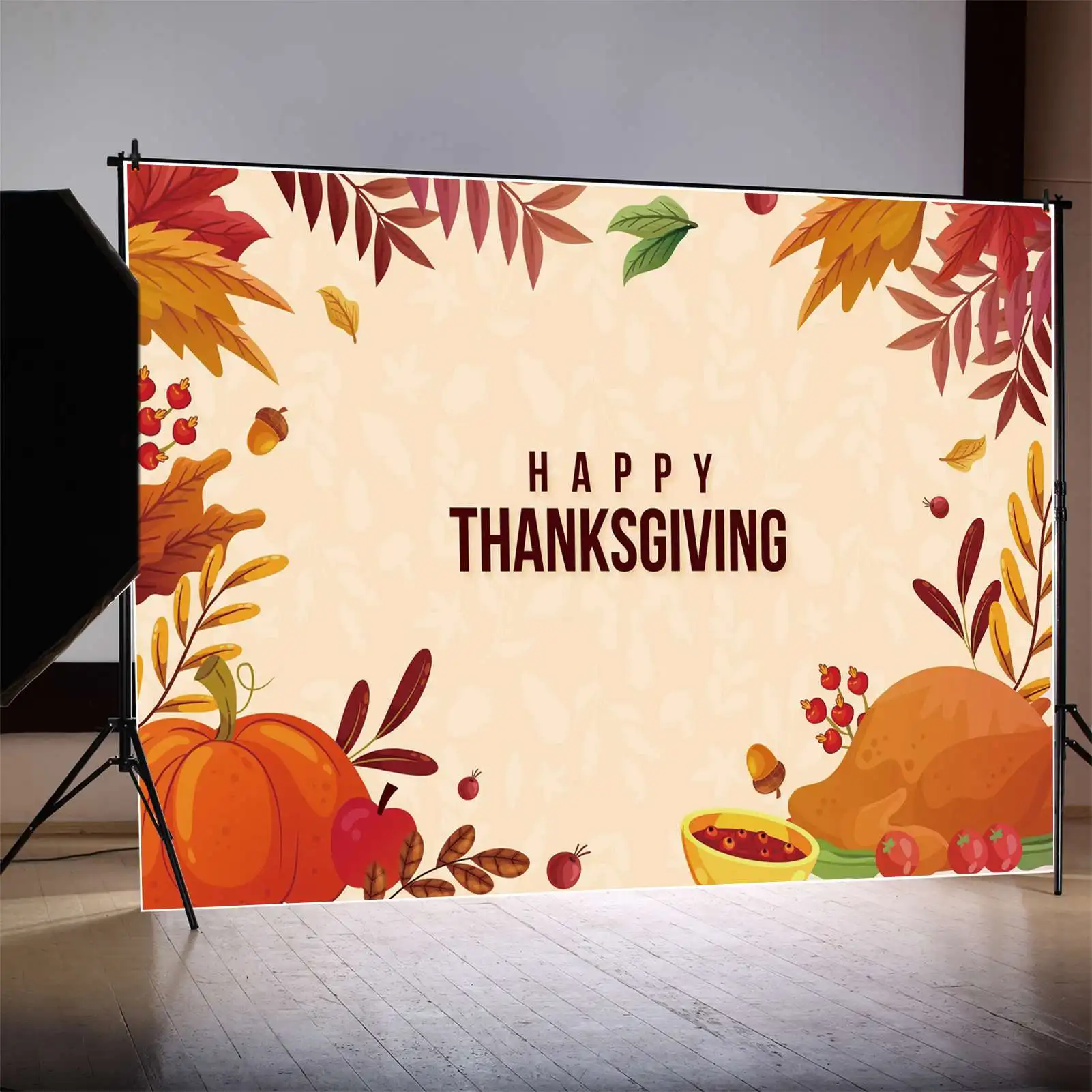 MOON.QG Backdrop Happy Thanksgiving Party Props Background Children Autumn Harvest Pumpkin Turkey Bean Leaves Photo Booth Banner