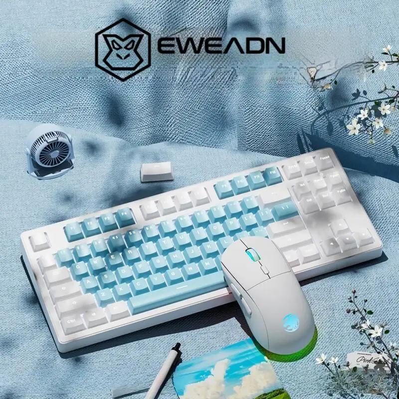 EWEADN MT87 Teclado mecánico inalámbrico ratón Combo interruptor azul tri-modo retroiluminación blanca 87 teclas azul blanco Keycap para oficina