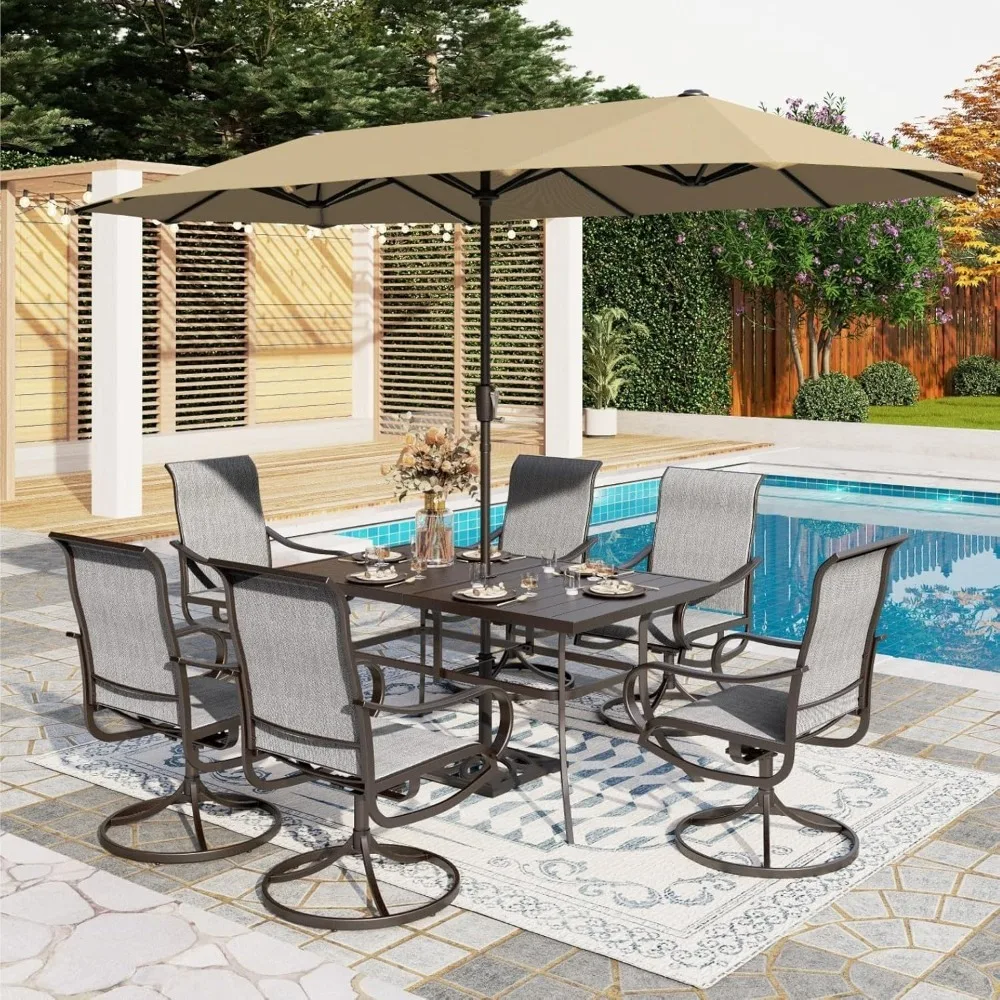 

8 Piece Patio Dining Set with 13ft Patio Umbrella, 6 Outdoor Swivel Chairs & 1 Large Metal Dining Table,Garden Furniture Sets.