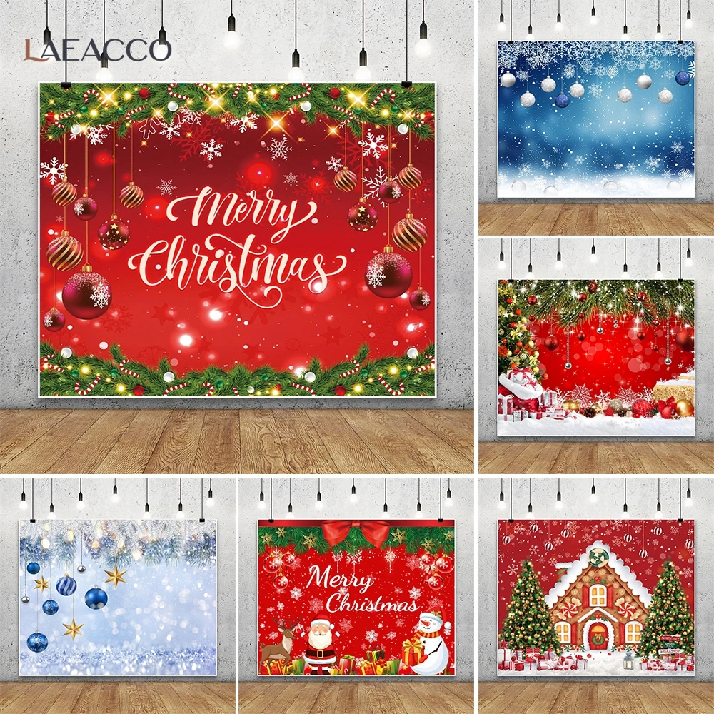 Merry Christmas Photography Backdrops Santa Claus Winter Snow Xmas Tree Glitters Star Balls Decor Family Party Photo Background