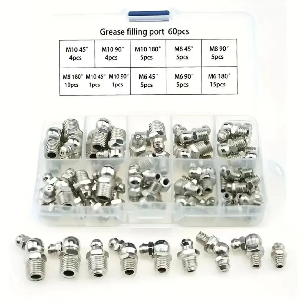 60pcs/box M6 M8 M10 Hydraulic Grease Fitting Set Auto Parts 45°/90°/180°Angle Zinc Plated Metal Grease Fittings with Storage Box