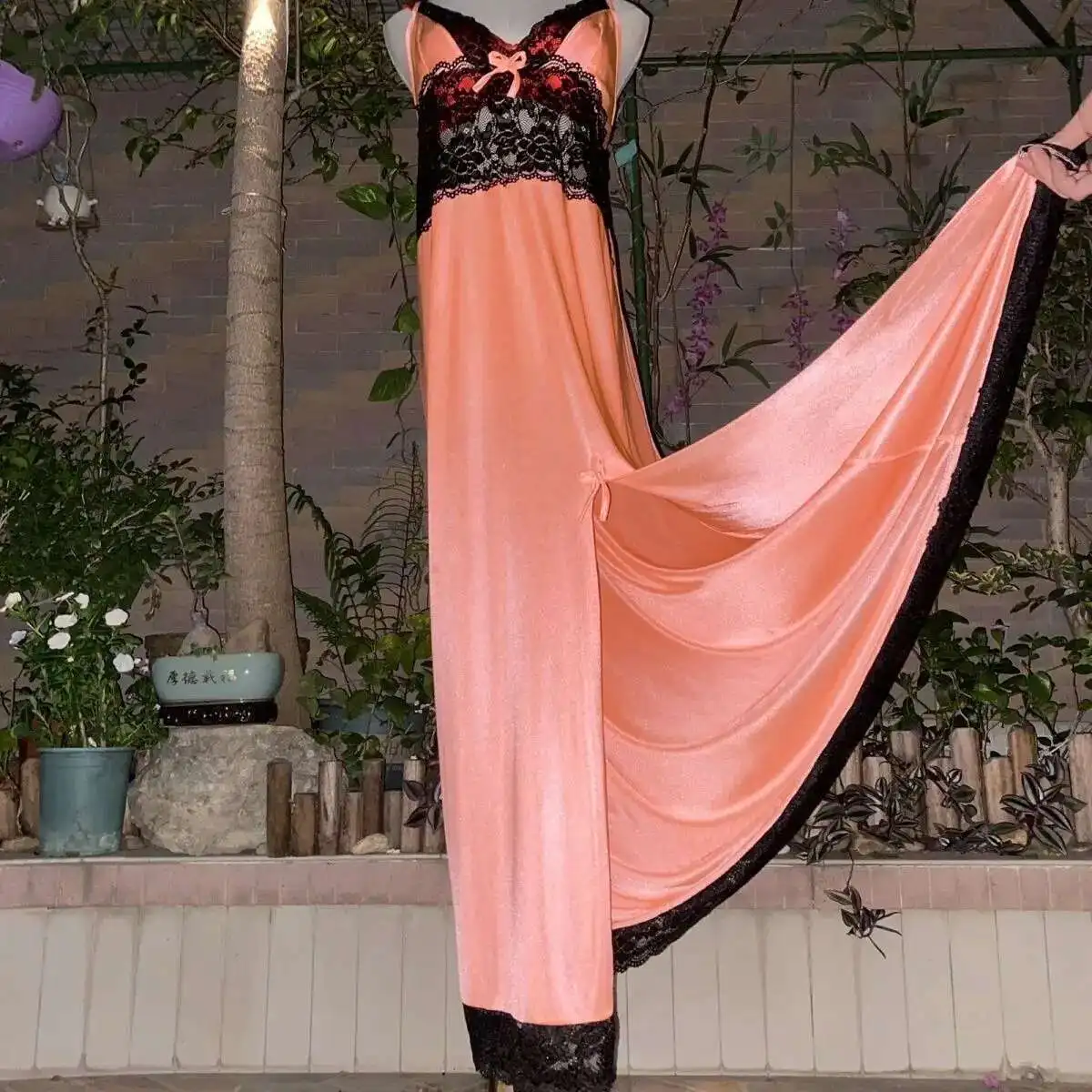 Glossy V Neck Lace Women Satin Loose Maxi Dress Sleeveless Plus Size Sexy Sleeping Robe