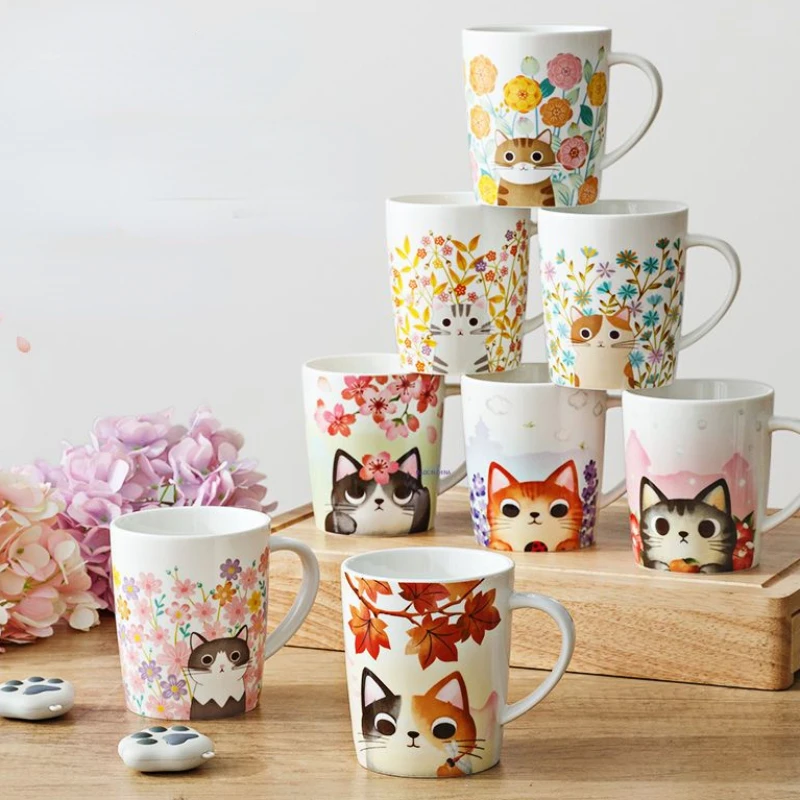 Japanese Cat Ceramic Mug, Cute Coffee Mugs, Cherry Blossom Cat Breakfast Milk Cups, Office Home Couple Water Cup, Birthday Gift