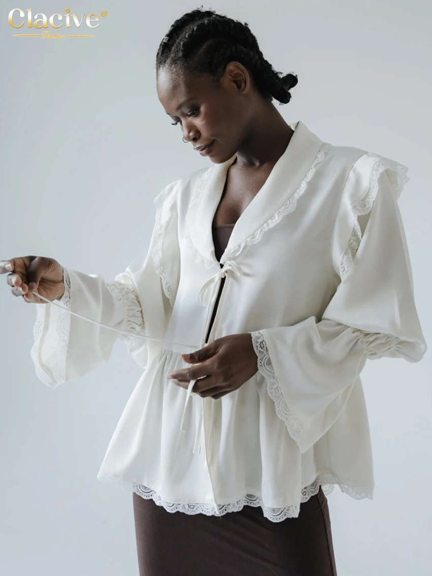 Clacive Casual Loose White Women's Blouses And Shirts Spring Lapel Long Sleeve Lady Shirt Elegant Lace Spliced Top Female Cloth